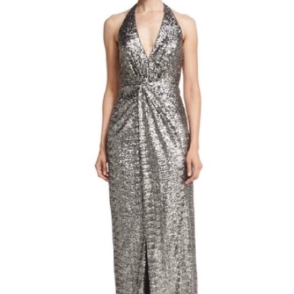 Halston heritage silver metallic gown